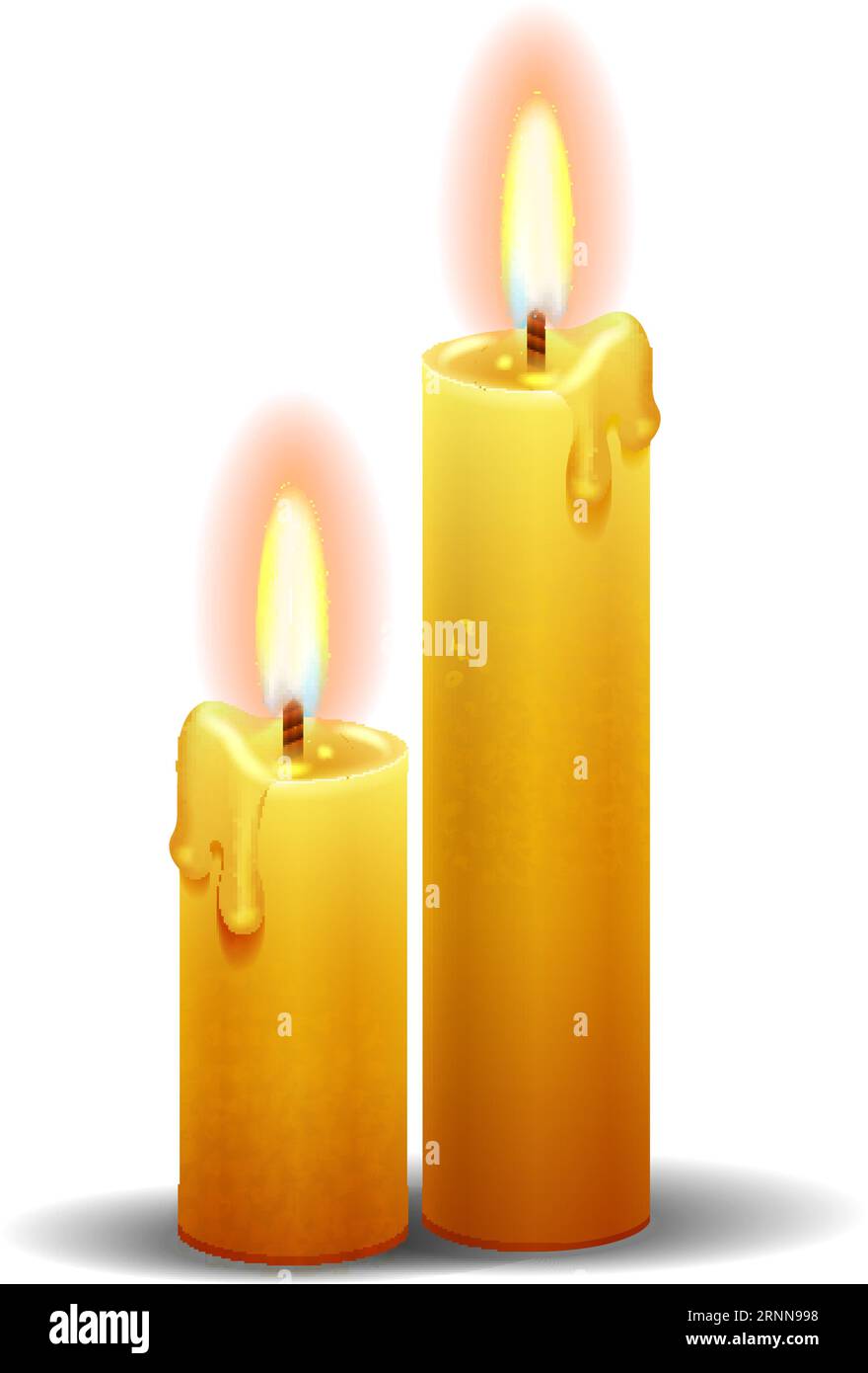 Wax candles with realistic fire flame. Decorative party light Stock