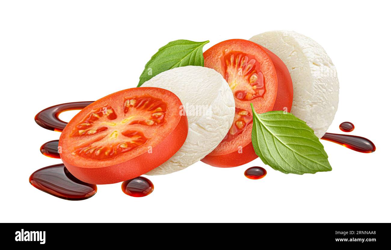 Mozzarella and tomato slices with basil and balsamic dressing isolated