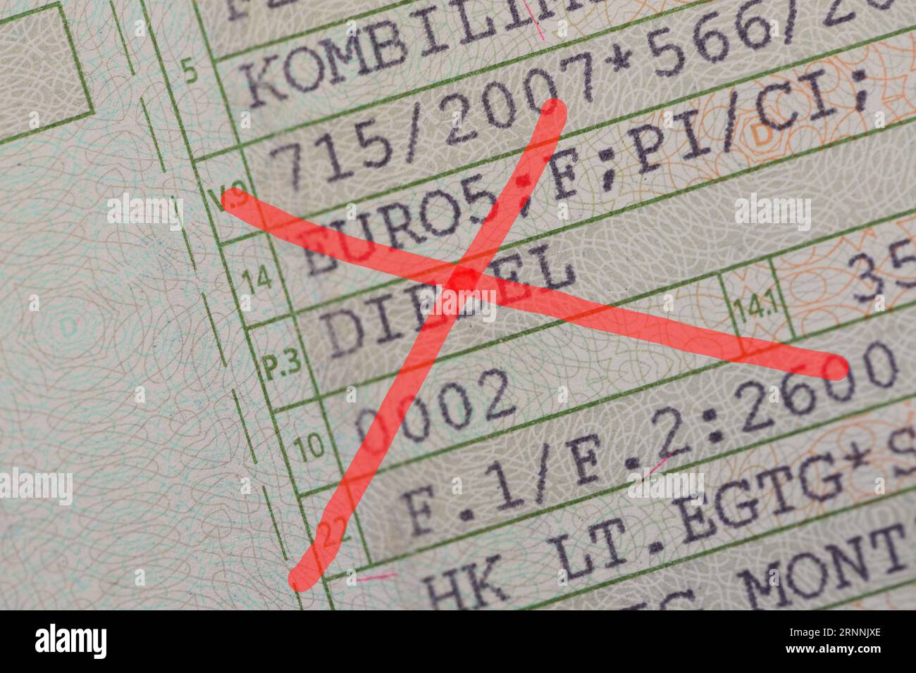 a vehicle registration document with the words (Diesel, Euro 5) and a