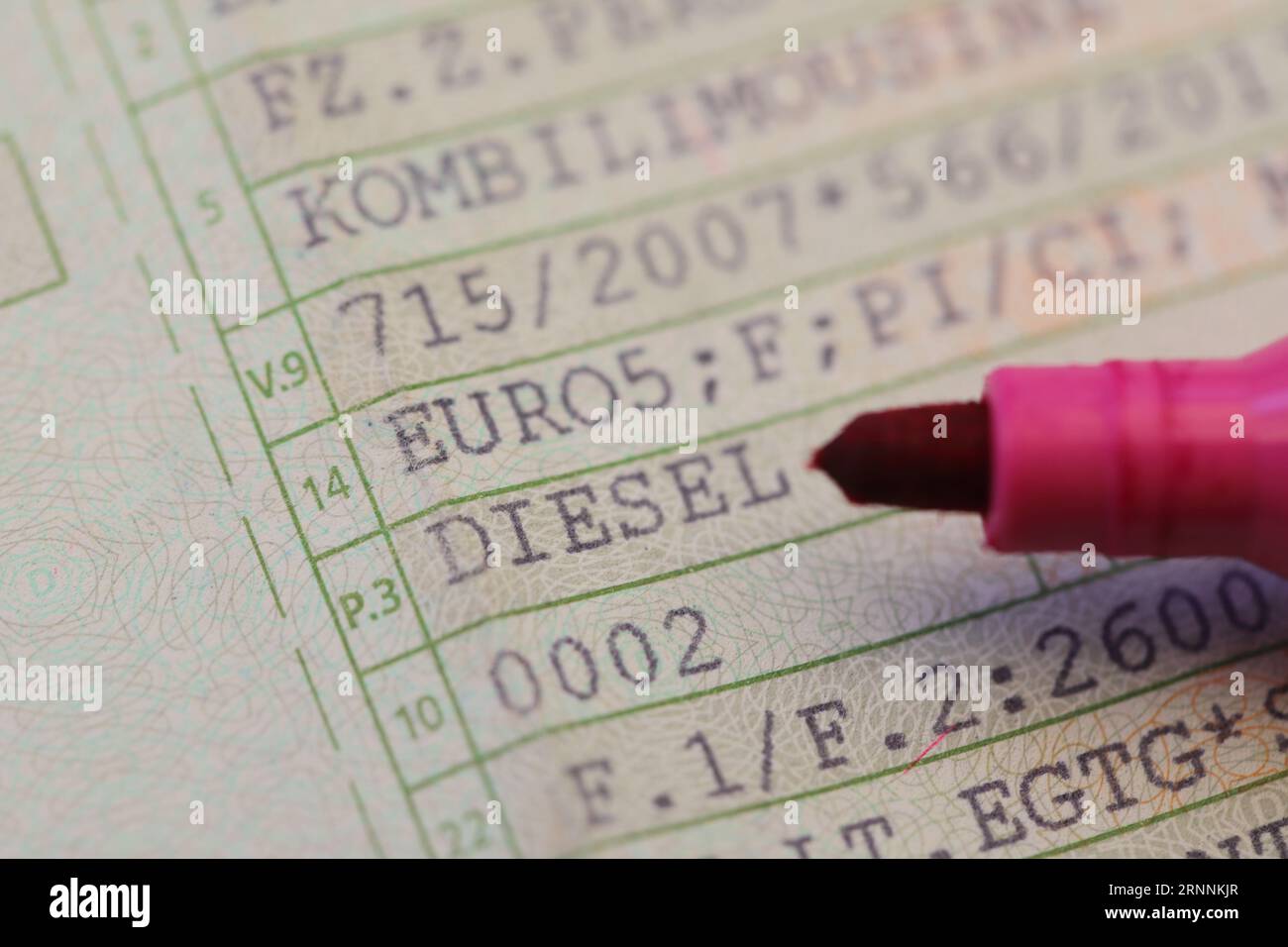 a vehicle registration document with the words (Diesel, Euro 5) and a