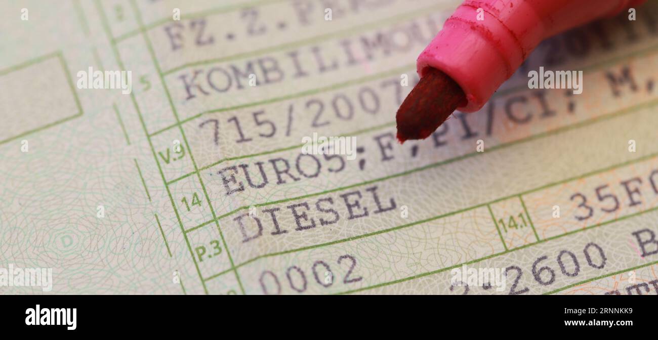 a vehicle registration document with the words (Diesel, Euro 5) and a