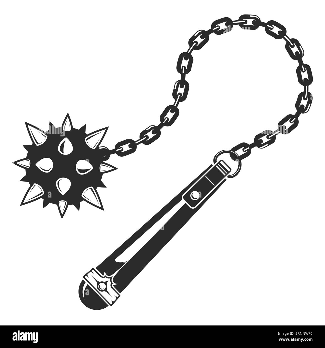 Morgenstern weapon, medieval mace, ball with spikes on chain of wooden handle, vector Stock Vector