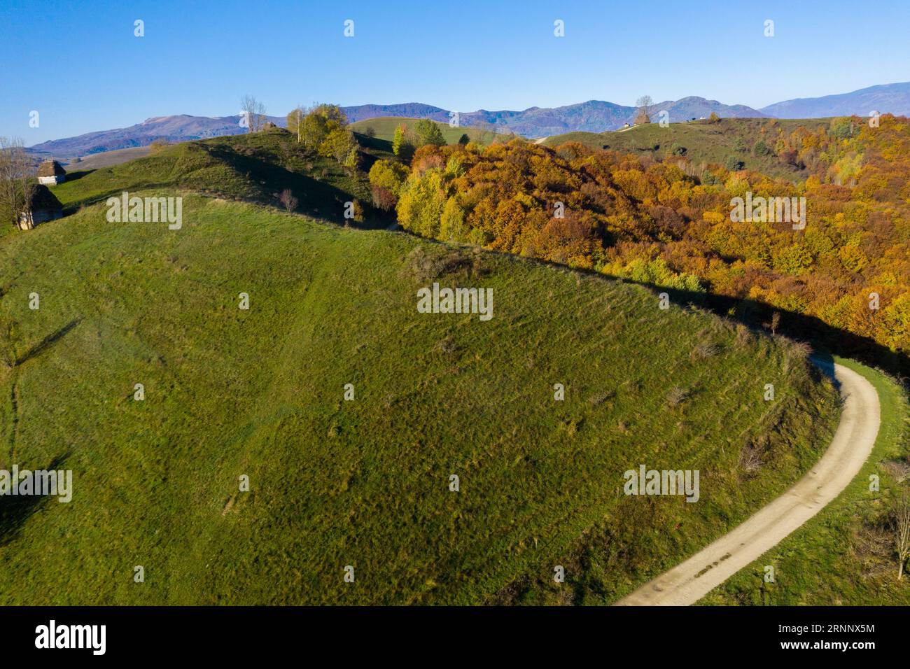 Aerial view of autumn countryside landscape in a misty morning. Transylvania, Romania Stock Photo
