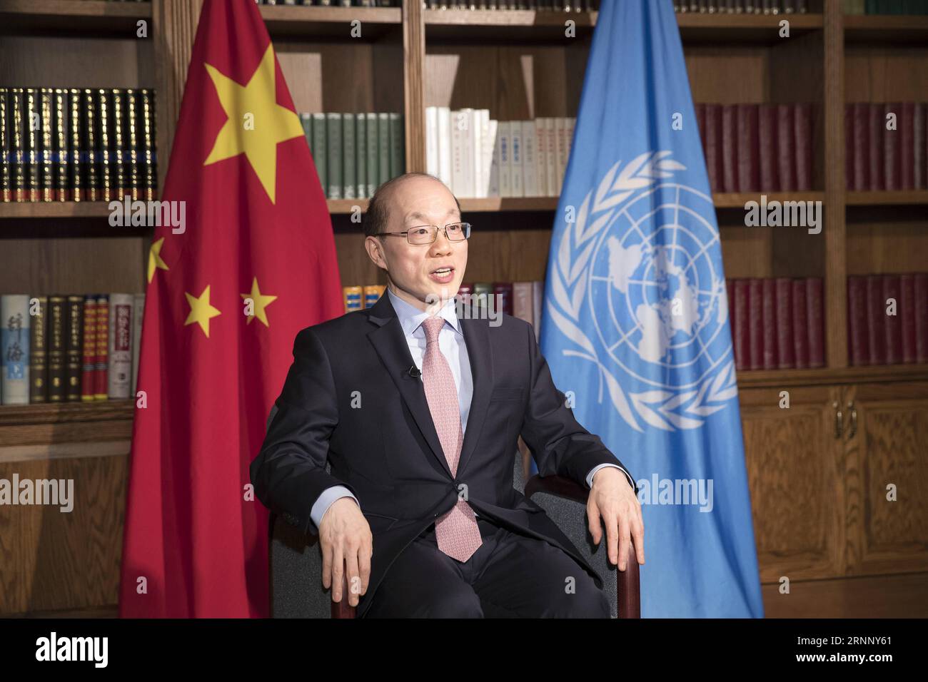 (170801) -- UNITED NATIONS, Aug. 1, 2017 -- Liu Jieyi, China s Permanent Representative to the United Nations, receives an interview with Xinhua in New York, on Aug. 1, 2017. China on July 31 concluded its rotating presidency of the UN Security Council for the month of July. Under the month-long Chinese presidency, the Security Council, which is the most powerful UN body, convened more than 30 meetings, adopted four resolutions and four presidential statements, and issued seven press statements. In July, China succeeded in holding two open debates on enhancing African capacities in the areas o Stock Photo