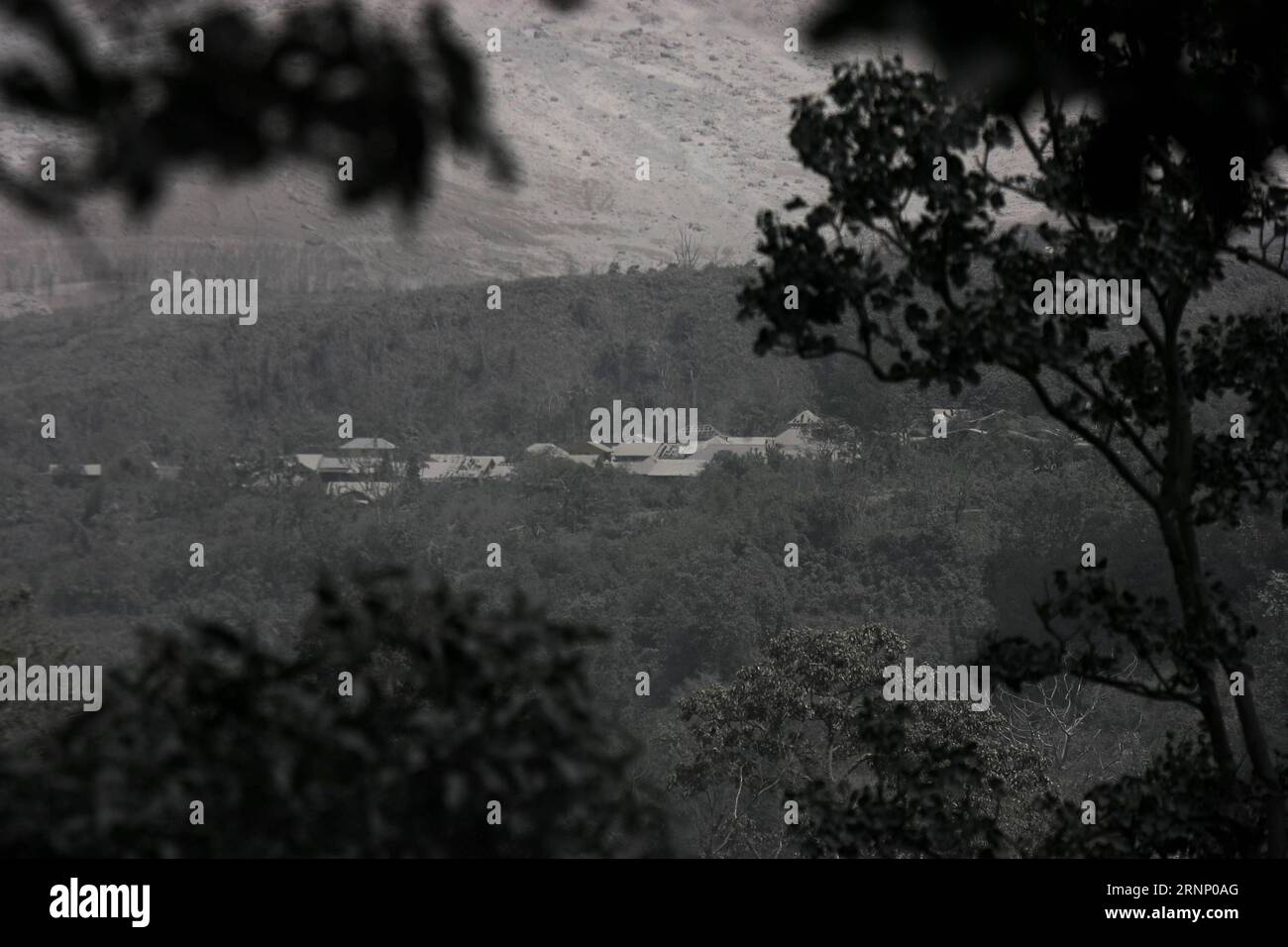 (170803) -- NORTH SUMATERA, Aug. 3, 2017 -- Photo taken on Aug. 3, 2017 shows a village covered by ash near Mount Sinabung in Karo, North Sumatra, Indonesia. Mount Sinabung volcano in North Sumatra province of western Indonesia erupted on Wednesday, spewing a column of ash by up to 4.2 km to the sky, national disaster management agency reported. ) (lrz) INDONESIA-NORTH SUMATERA-MOUNT SINABUNG-AFTERMATCH YTxHaryono PUBLICATIONxNOTxINxCHN   North Sumatera Aug 3 2017 Photo Taken ON Aug 3 2017 Shows a Village Covered by Ash Near Mount Sinabung in Diamond North Sumatra Indonesia Mount Sinabung Volc Stock Photo