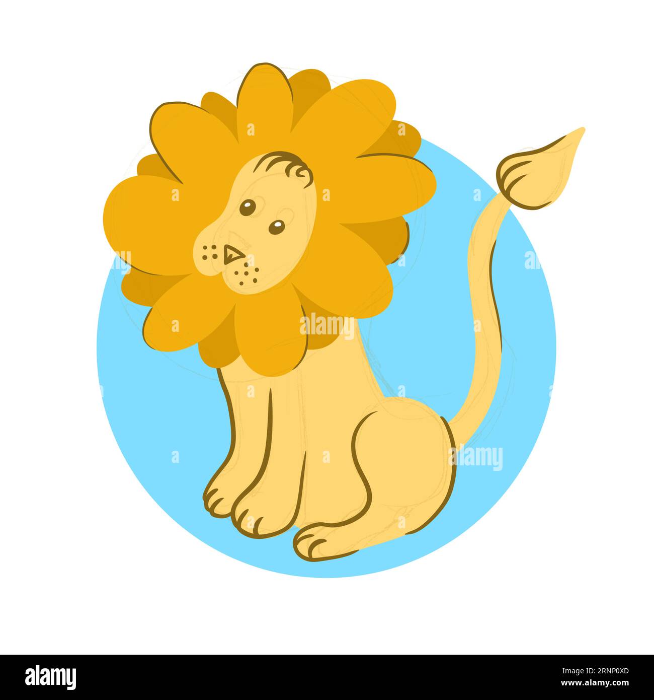 Hand drawn illustration of cute lion with mane tail on blue circle