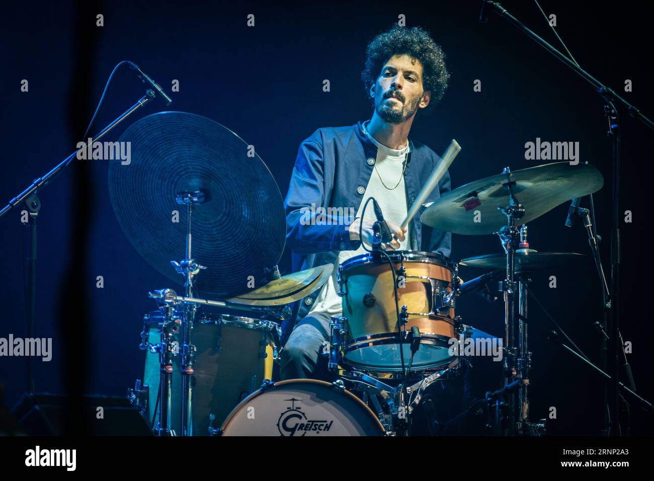 Drummer Matan Assayag performs during the concert of the Israeli jazz group Shalosh at the Husa na Provazku Theatre as part of the Jewish culture fest Stock Photo