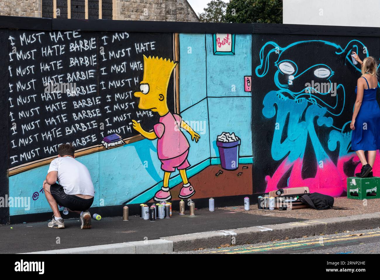 Southend on Sea, Essex, UK. 2nd Sep, 2023. Billed as Europe’s largest street art festival, Southend is continuing to celebrate its new city status with the City Jam event. Over 200 local, national and international street artists are displaying their skills at 100 locations around the city centre. Some temporary walls have been set up, but the artists are also decorating the sides of buildings and other permanent structures. Running from the first to third of September, artists can be seen working on the murals around the streets and properties. Bart Simpson writing 'I must hate Barbie' Stock Photo