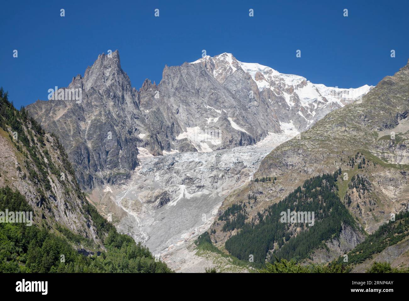 The Mont Blanc Massif with the Brenva glacier over the Entreves - Italy. Stock Photo