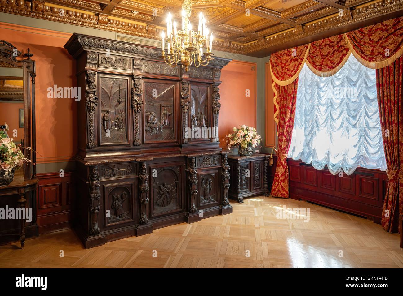 Historical Cabinets at House of the Black Heads Interior - Riga, Latvia Stock Photo