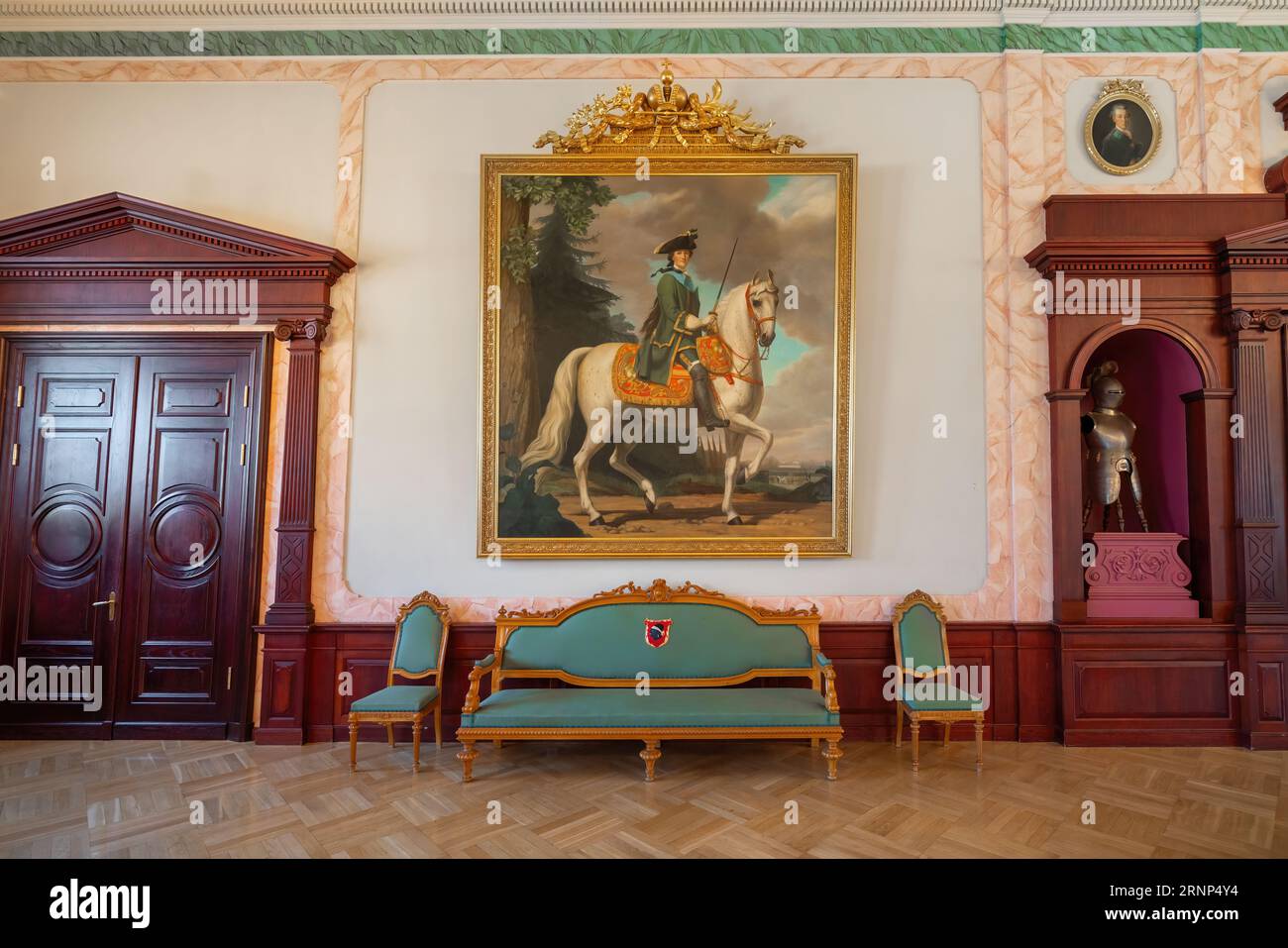 Celebration Hall at House of the Black Heads Interior with Equestrian Portrait of Catherine II - Riga, Latvia Stock Photo