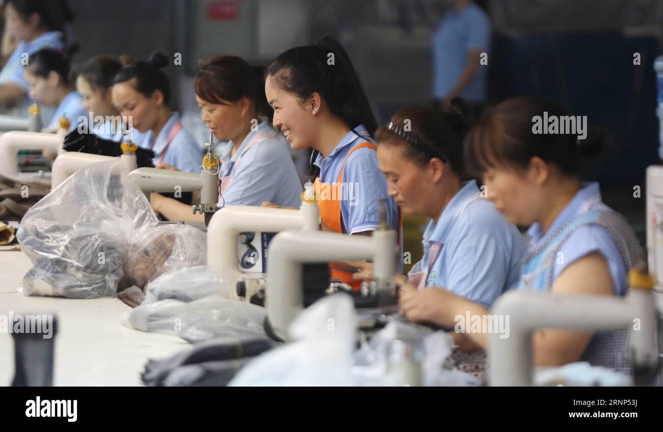 (170811) -- JIAOZUO, Aug. 11, 2017 -- Workers make shoes on an assembly line in a shoe factory in Wuzhi County of central China s Henan Province Aug. 11, 2017. The local women s federation initiated a campaign to promote women s employment in recent years by matching the local skilled women workers with the small and micro enterprises as supermarkets, clothes and accessories manufacturers, some 3,000 women are employed in 60 matching enterprises. ) (clq) CHINA-HENAN-JIAOZUO-WOMEN EMPLOYMENT(CN) FengxXiaomin PUBLICATIONxNOTxINxCHN   170811 Jiaozuo Aug 11 2017 Workers Make Shoes ON to Assembly L Stock Photo