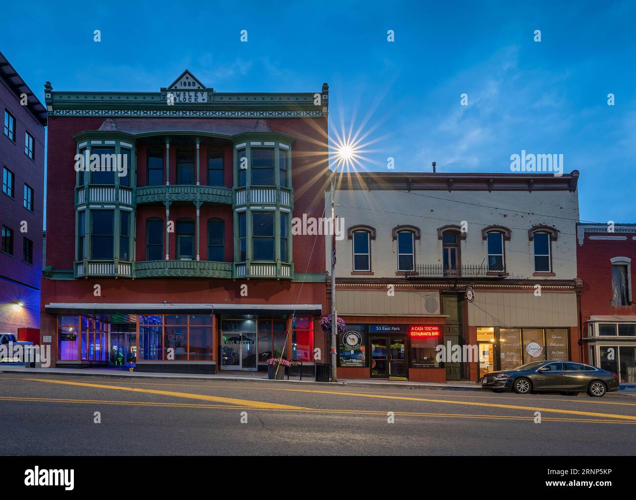 Butte, Montana, USA – August 18, 2023:  Dawn on historic buildings on Park Street in the downtown district Stock Photo