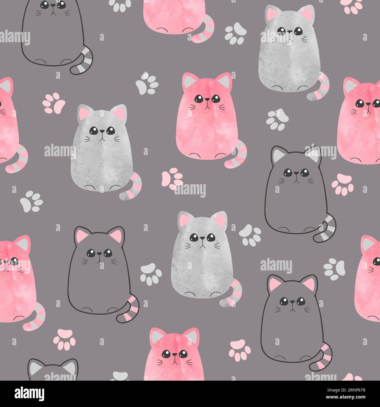 Seamless cute cats pattern. Vector background with watercolor kitty for ...