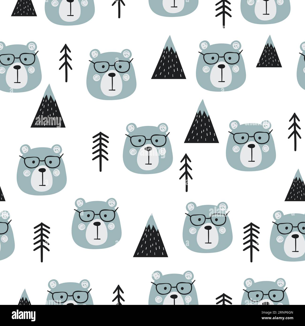 Seamless forest vector pattern with cute bears and trees. Stock Vector