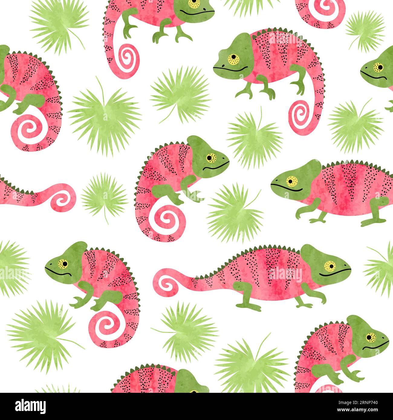 Seamless tropical pattern with cute watercolor chameleons and palm leaves. Stock Vector