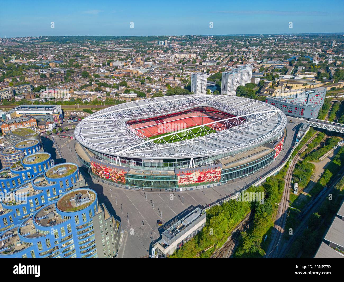 London. United Kingdom. 08/16/2023 Aerial image of The Emirates Stadium. Arsenal Football Club. 16th August 2023 Stock Photo