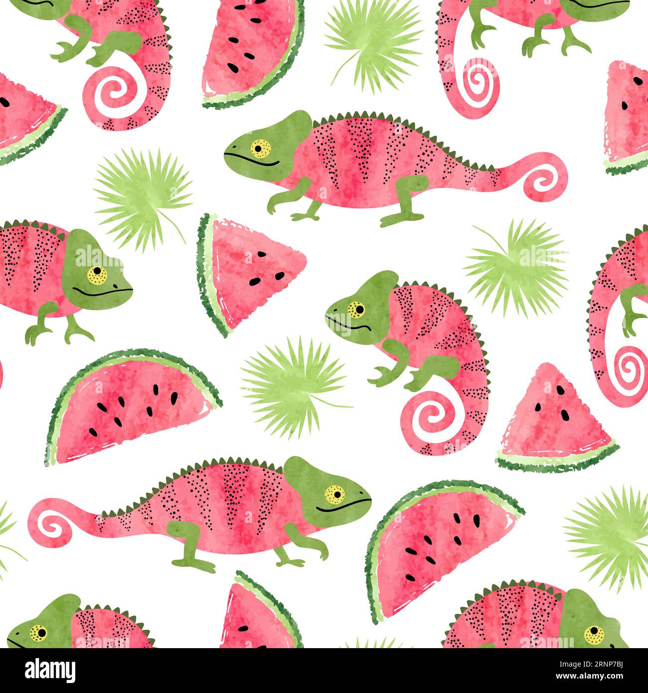 Seamless tropical pattern with cute watercolor chameleons, watermelons and palm leaves Stock Vector
