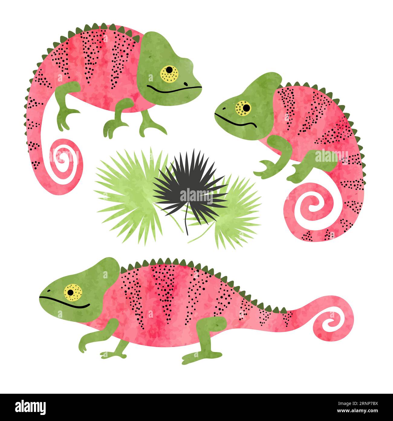 Set of funny watercolor chameleons. Vector lizards isolated on white background. Stock Vector