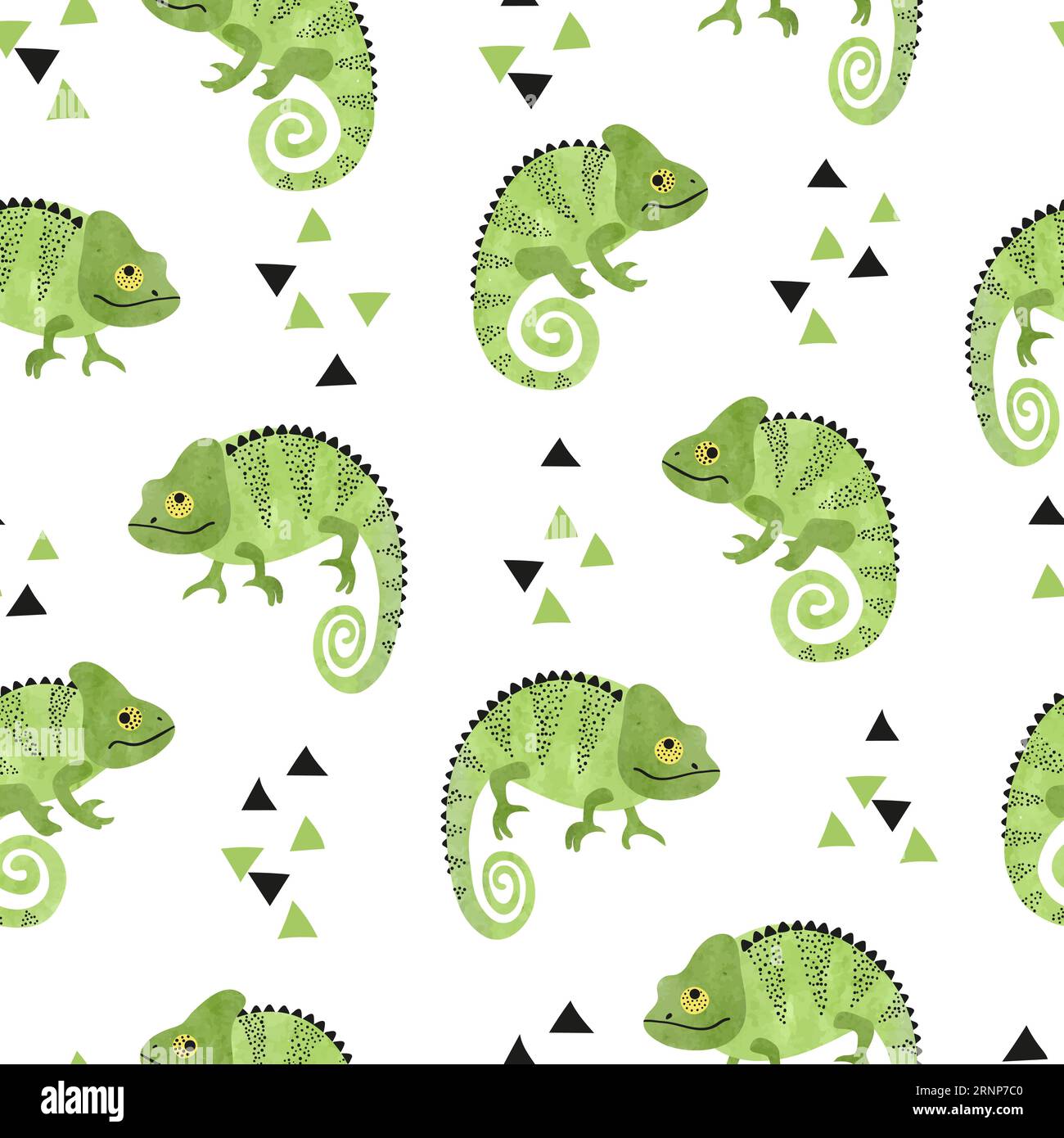 Seamless pattern with cute watercolor chameleons. Green lizards. Stock Vector