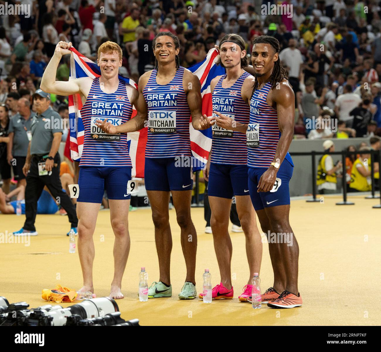 Charles Dobson, Rio Mitcham, Lewis Davey and Alex Haydock-Wilson of GB & NI competing in the men’s 4x400m relay final on day 9 of the World Athletics Stock Photo