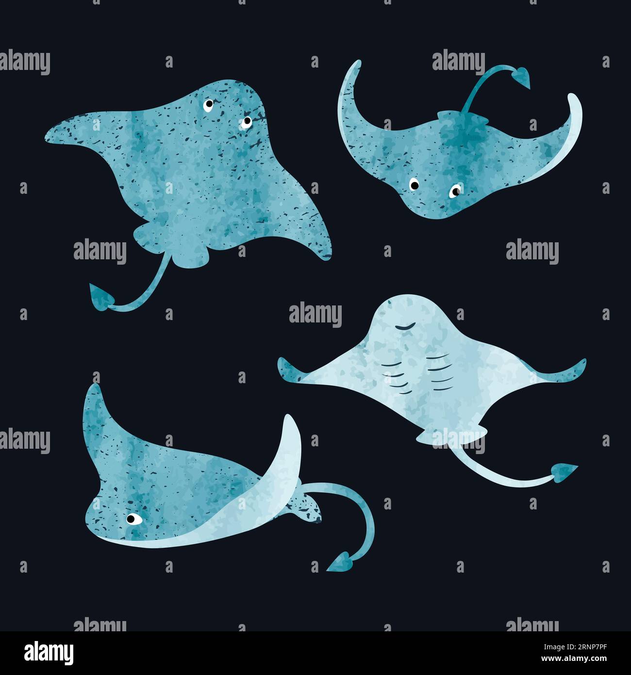 Vector set of cute watercolor stingrays. Stock Vector