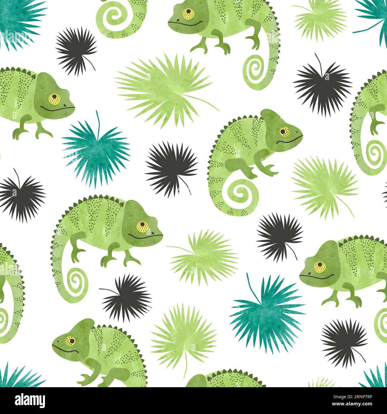 Seamless tropical pattern with green watercolor chameleons and palm leaves. Stock Vector