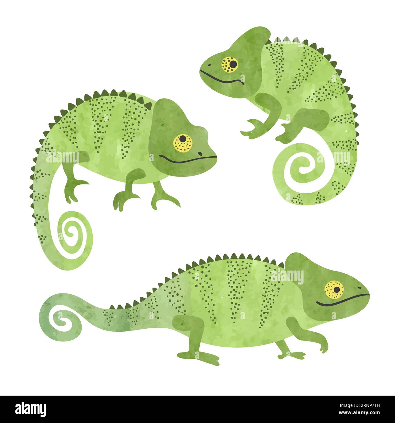 Set of funny watercolor chameleons. Vector lizards. Stock Vector