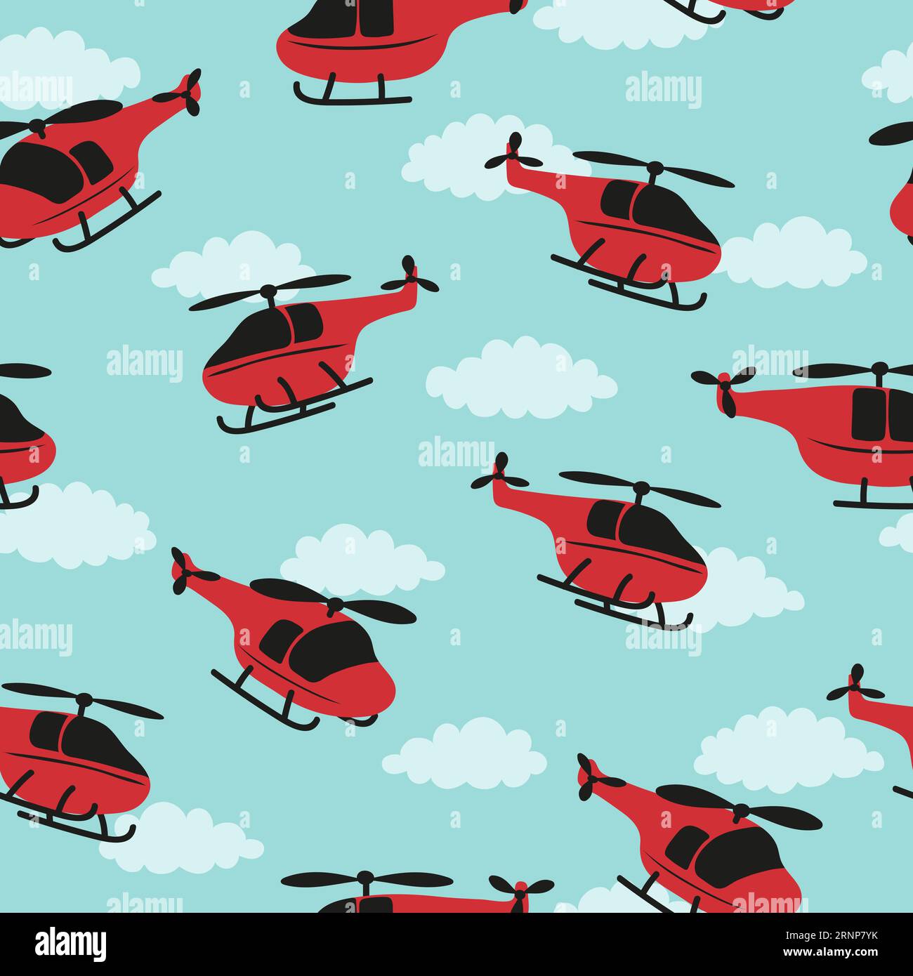 Seamless childish pattern with red helicopters and clouds. Stock Vector