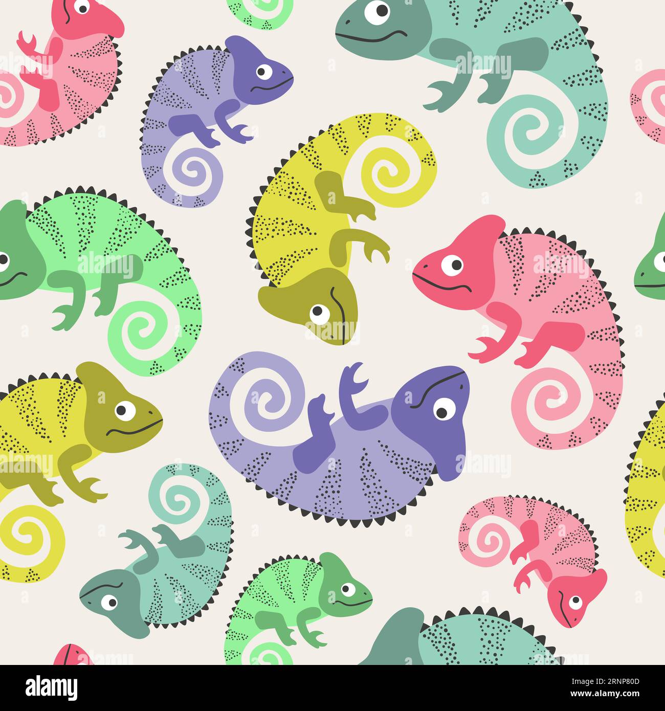 Seamless colorful pattern with cute chameleons. Stock Vector