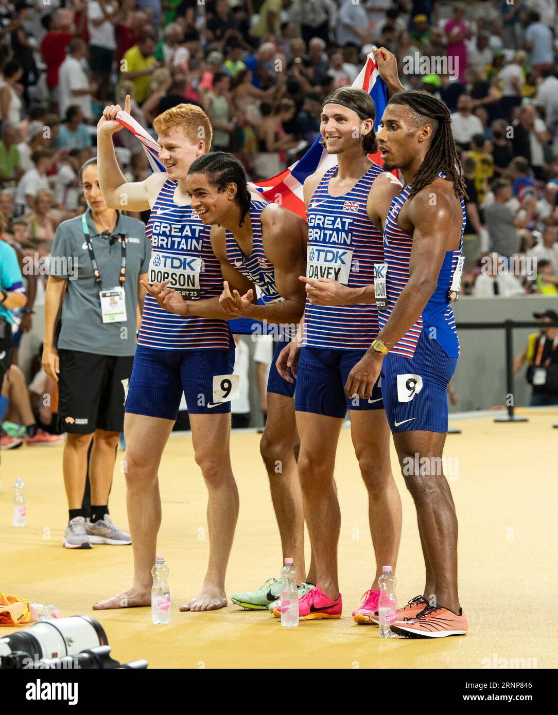 Charles Dobson, Rio Mitcham, Lewis Davey and Alex Haydock-Wilson of GB & NI competing in the men’s 4x400m relay final on day 9 of the World Athletics Stock Photo