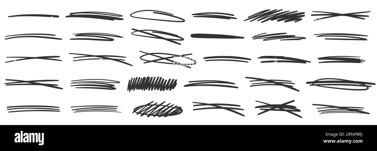 Strikethrough lines collection. Set of hand drawn freehand ephasis elements, underline, marker or ball pen line, crossed scribble stripe Stock Vector