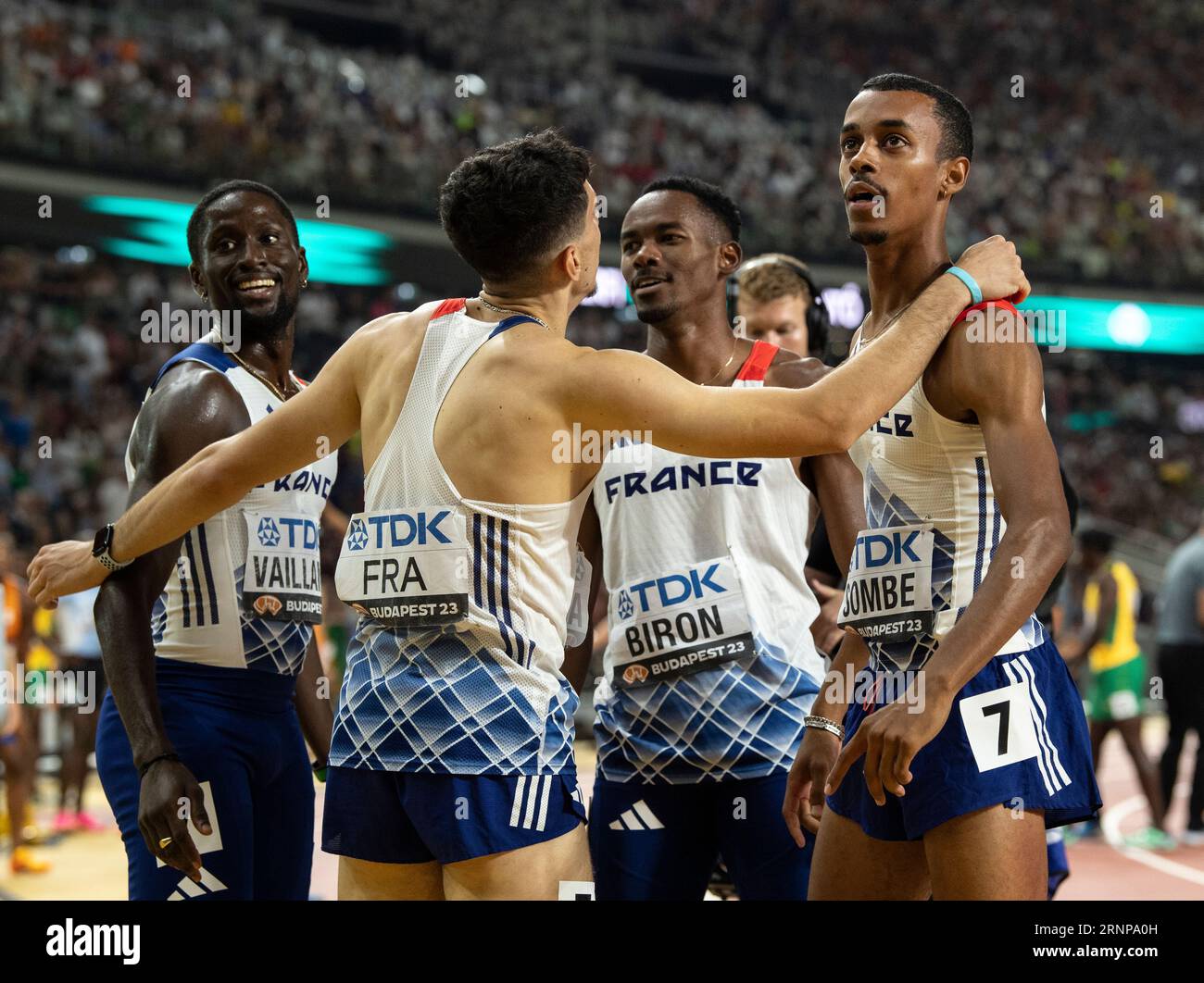 Team france men celebrate after competing in the 4x400m relay final on