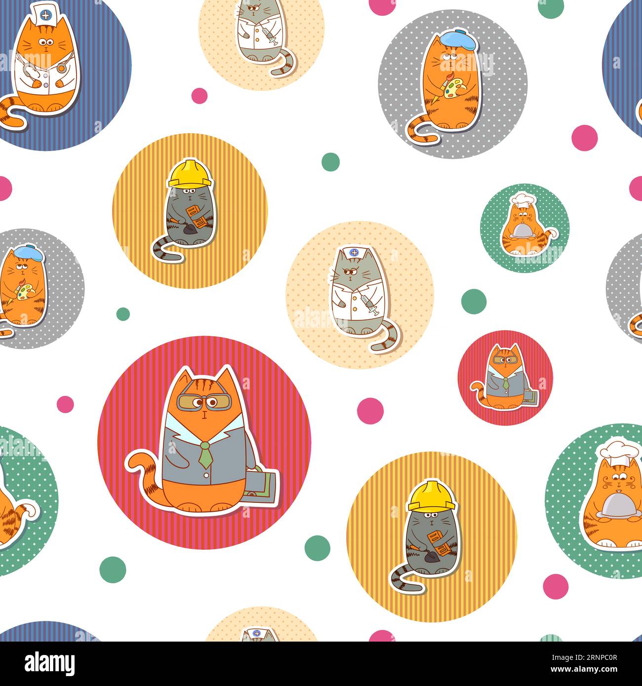 Polka dot background. Colorful seamless pattern with cute cats Stock Vector