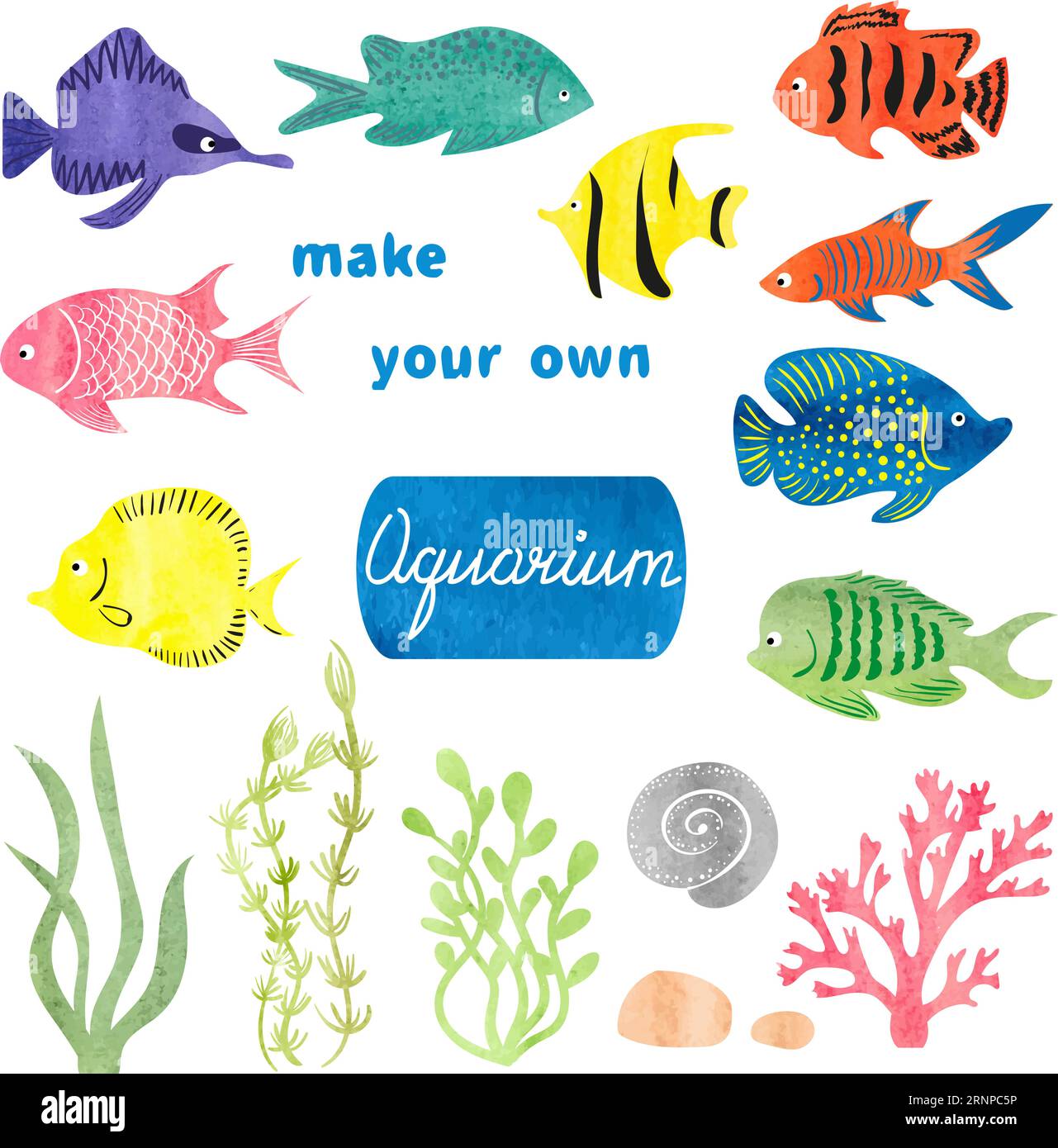 Set of different fishes and decorations for making your own aquarium. Watercolor vector illustration. Tropical fish and seaweeds Stock Vector