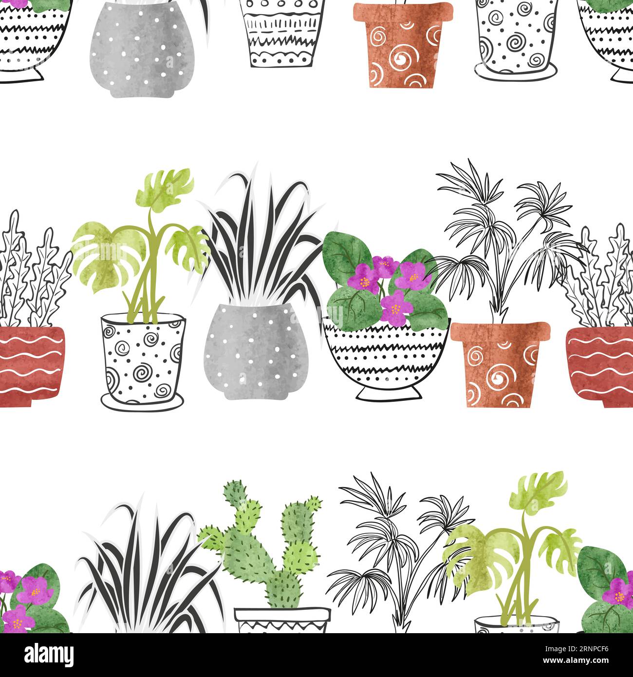 Hand drawn watercolor house plants in the pots. Seamless pattern. Vector background Stock Vector
