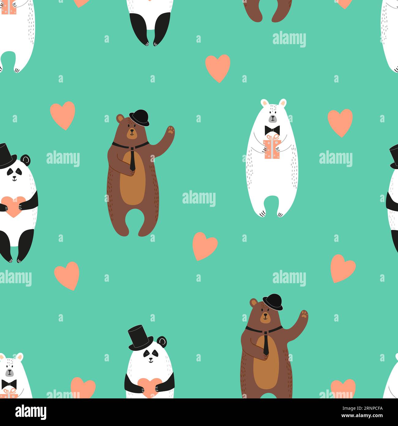 Cute cartoon bears with hearts. Romantic vector background. Valentine's day design. Seamless pattern Stock Vector