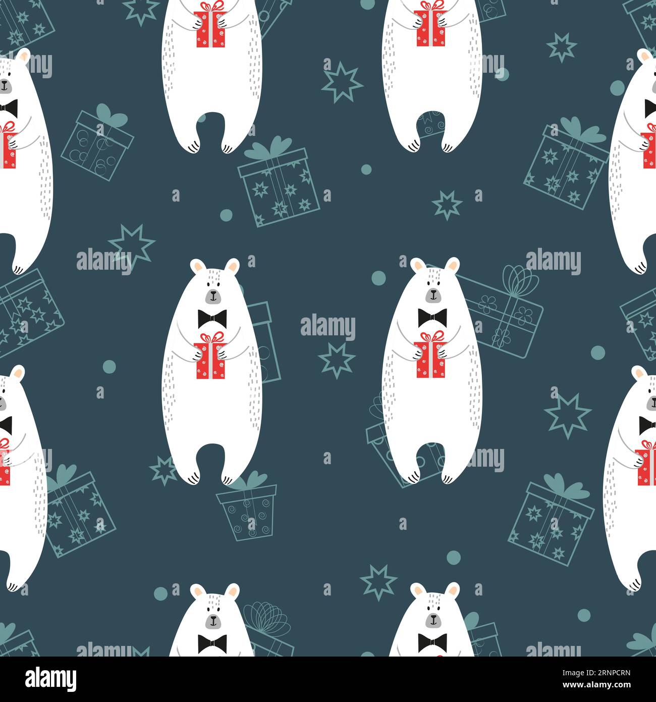 Seamless pattern with cute cartoon polar bears holding gifts. Vector background suitable for wallpaper, wrapping, textile Stock Vector