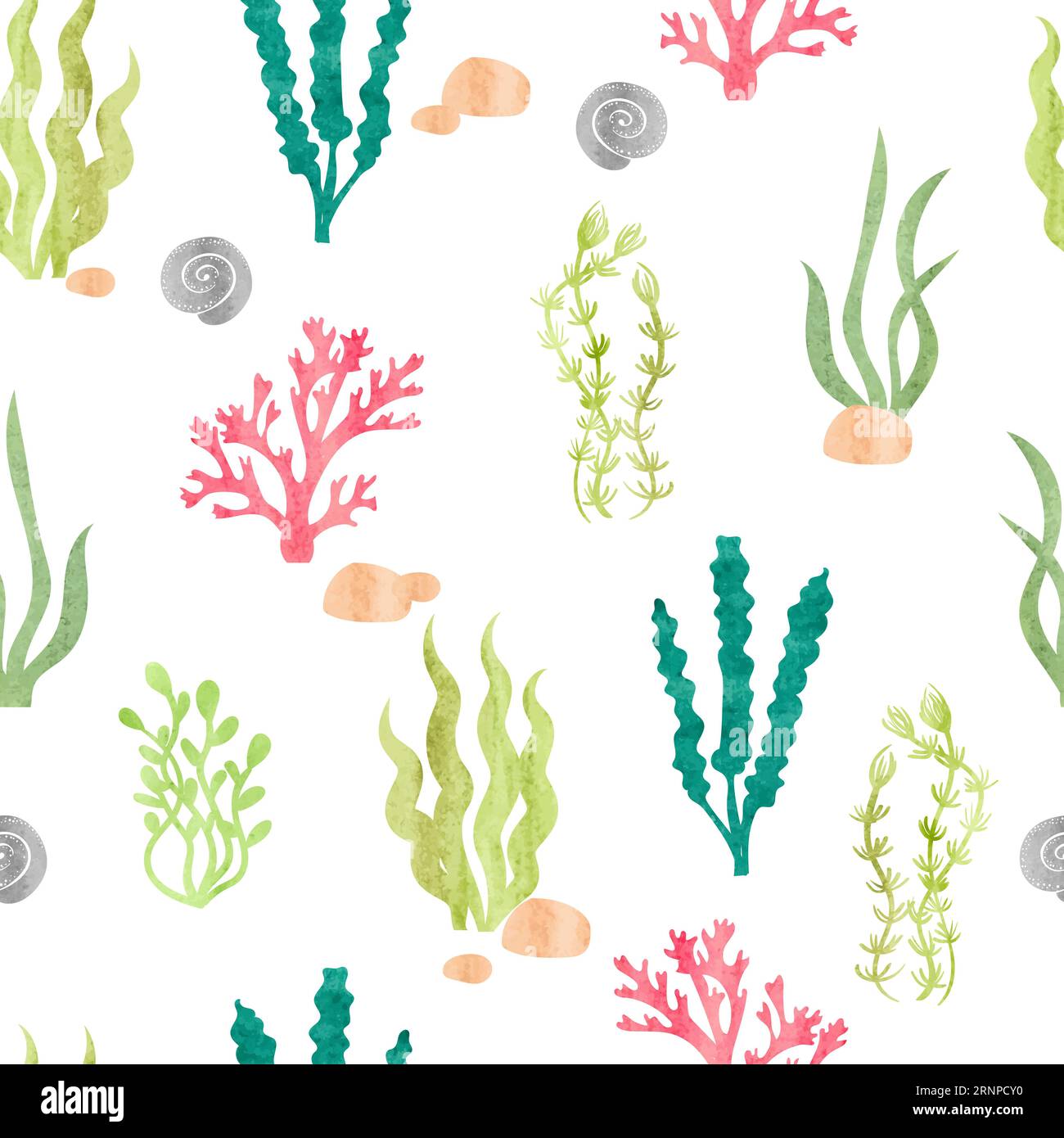 Watercolor seamless pattern with corals, seaweeds, shells and stones. Underwater algae. Vector watercolor marine background Stock Vector