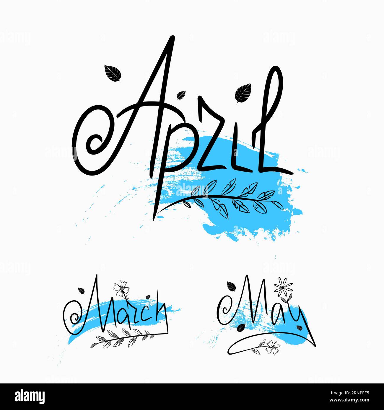 Vector Handwritten Lettering Blue Design March April May Flowers