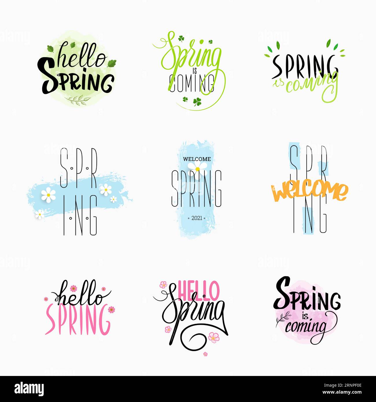 Vector illustration with handwritten lettering of spring greetings, green, pink, blue decor. Set of calligraphic compositions. Motivational text prese Stock Vector