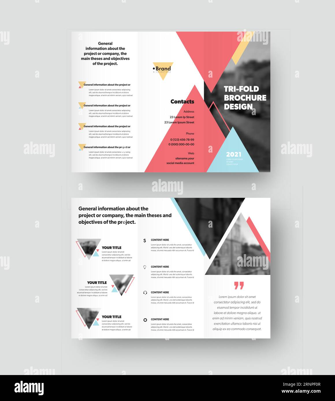 Trifold brochure vector template with triangular design, with place for photo, realistic shadows. Leflet for business concept,menu,informative booklet Stock Vector