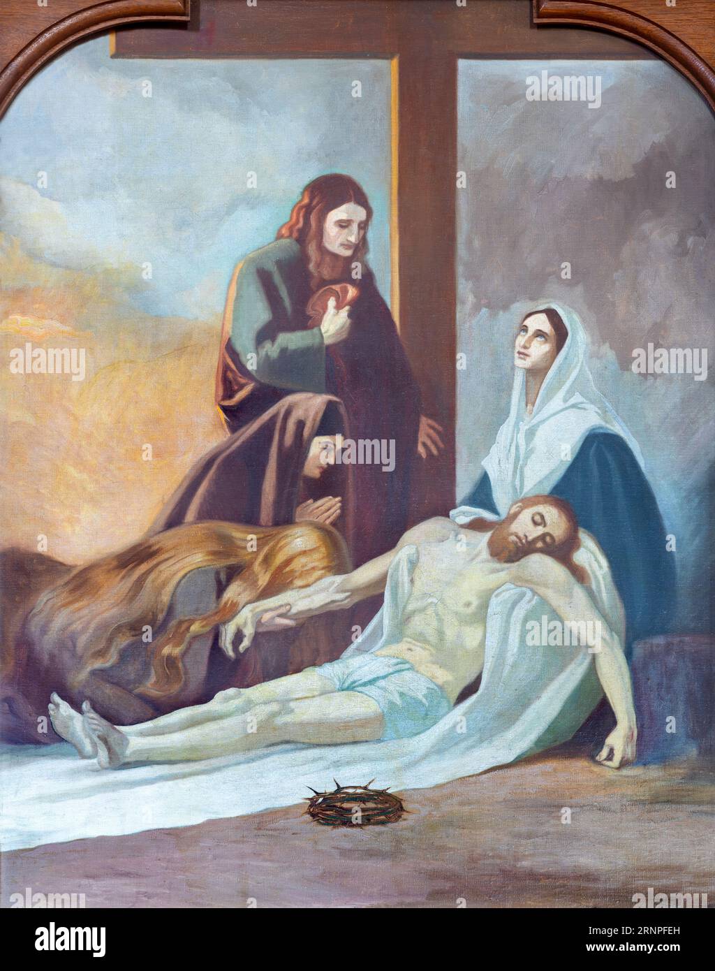 SEBECHLEBY, SLOVAKIA - OKTOBERT 8, 2022: The painting Deposition (Pieta) as part of Cross way stations in St. Michael parish church by unkonwn artist Stock Photo