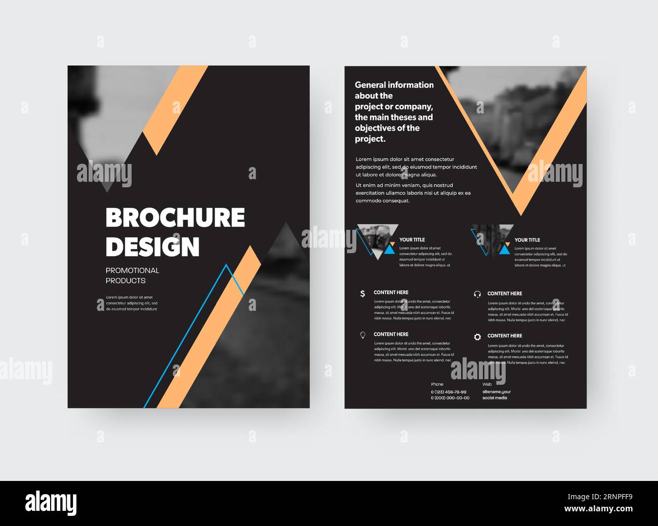 Vector brochure template, front, back view, with triangular inserts for a photo, yellow design elements on a black background. Layout pamphlet for pri Stock Vector
