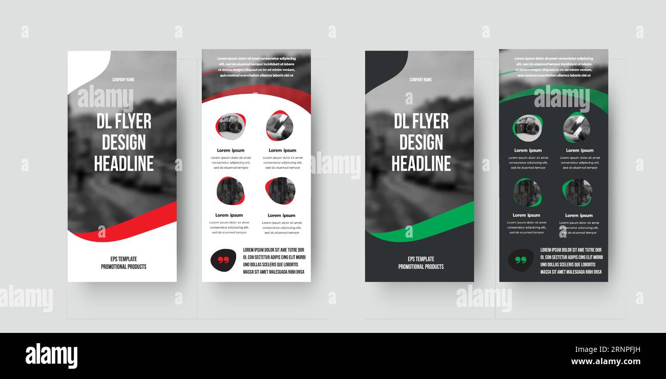 Vector dl flyer template with red, green illustration on white, black background, with presentation of information and design. Set brochure with conce Stock Vector