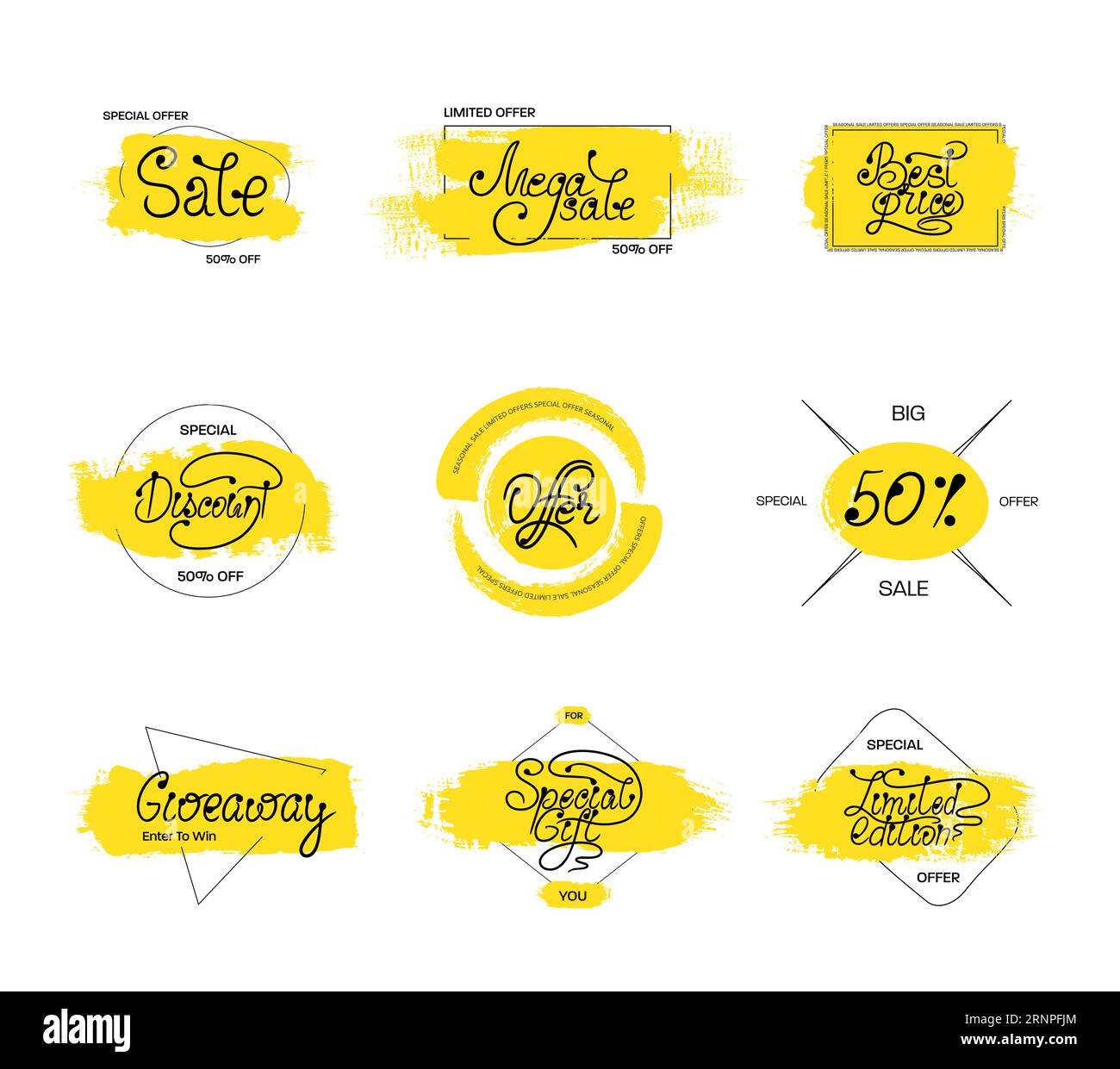 Vector tag with yellow strokes, blots, geometric elements, calligraphy lettering for big sale, on a white background. Set with stylish words. Stickers Stock Vector