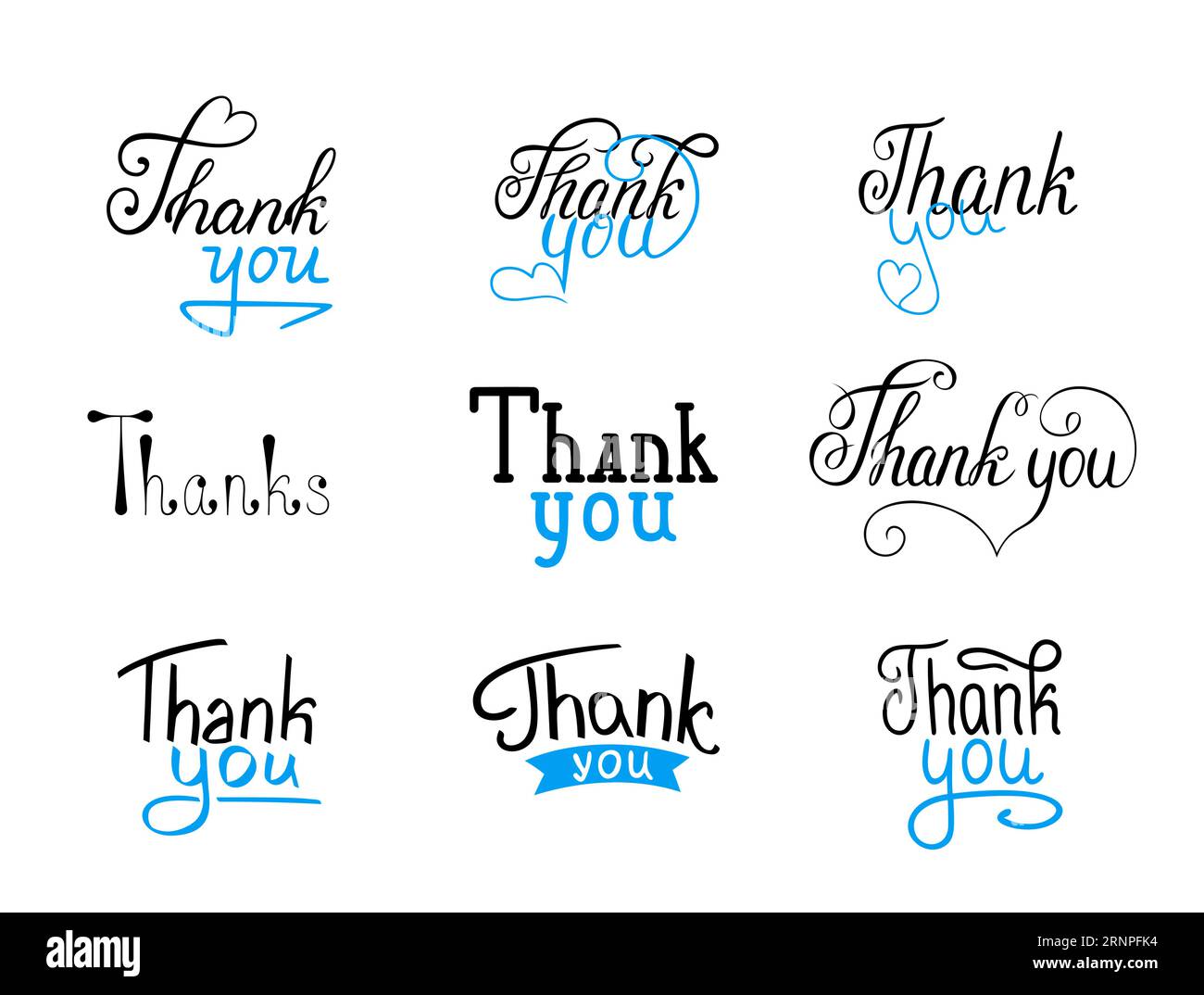 Thank you vector calligraphic lettering in blue, black isolated on