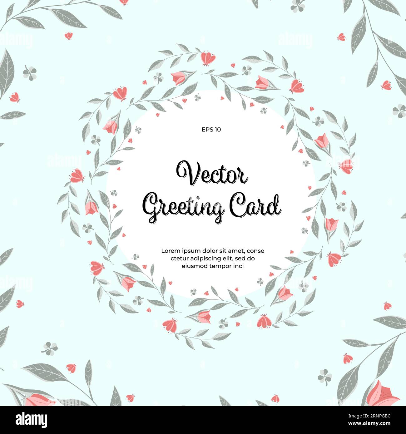 Vector greeting card with floral ornaments on a green background. Postcard template with flowers, twigs, leaves, and a white circle for an inscription Stock Vector