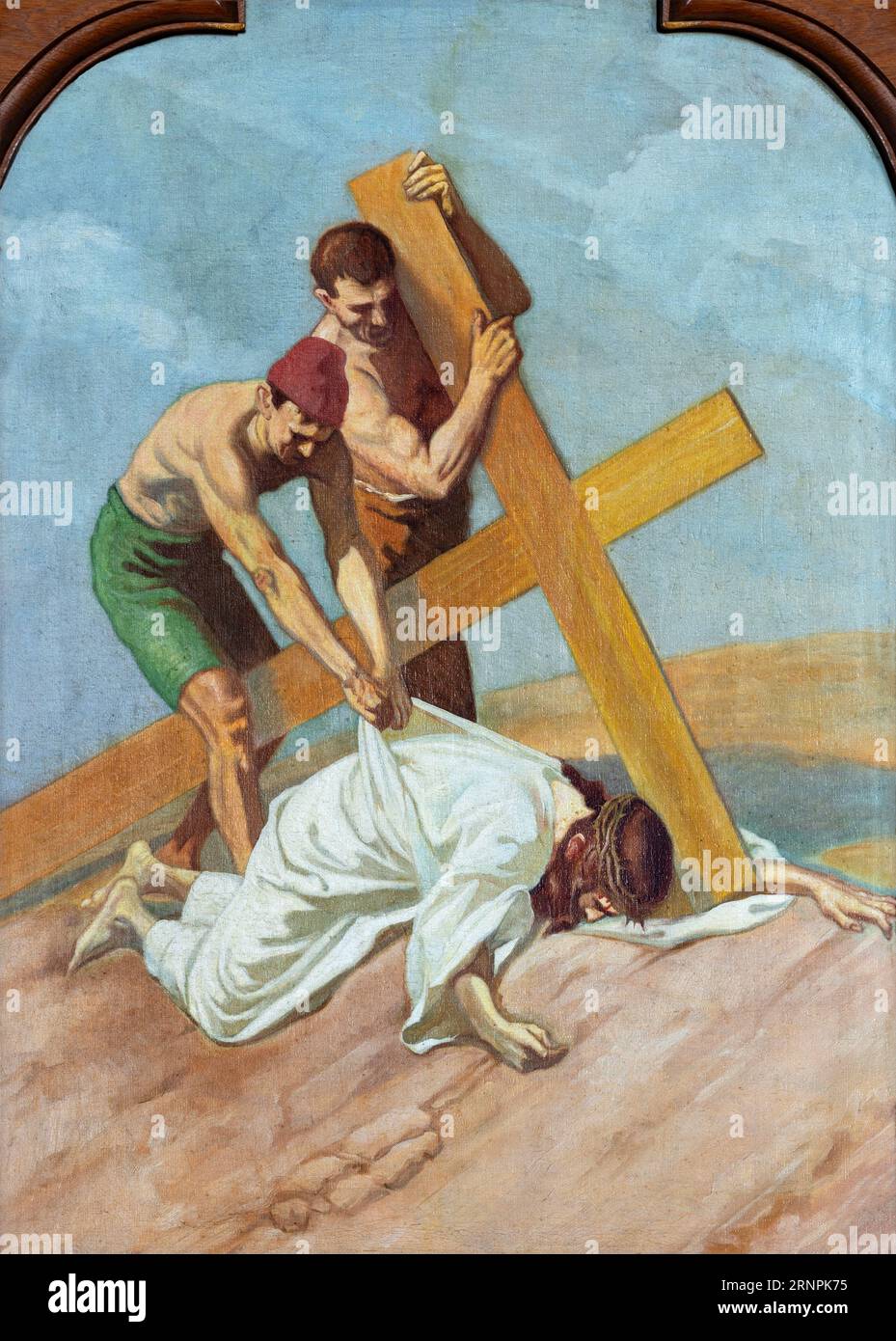 SEBECHLEBY, SLOVAKIA - OKTOBERT 8, 2022: The painting  Jesus fall under the cross  as part of Cross way stations in St. Michael parish church Stock Photo