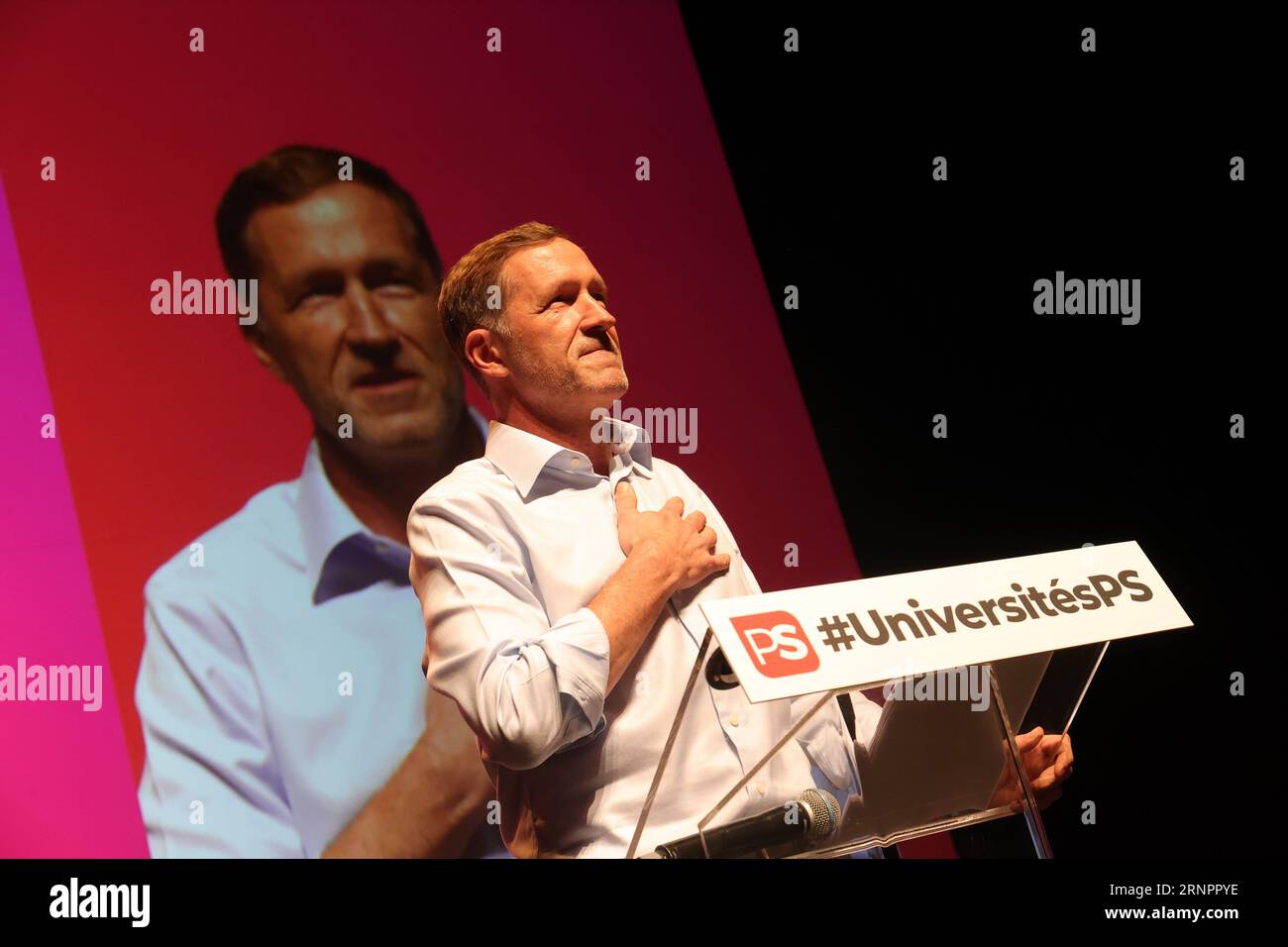 Mons, Belgium. 02nd Sep, 2023. PS chairman Paul Magnette pictured at the closing speech at the Summer University (Universite d'Ete) of French-speaking socialist party PS, Saturday 02 September 2023 in Mons. BELGA PHOTO VIRGINIE LEFOUR Credit: Belga News Agency/Alamy Live News Stock Photo